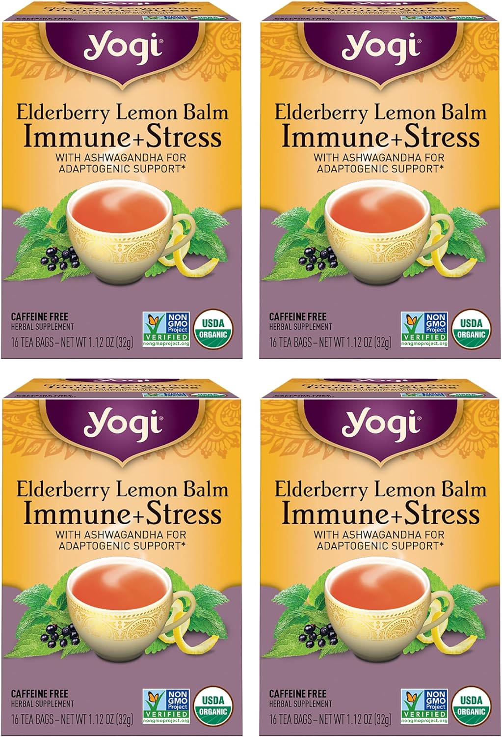 Yogi Tea Elderberry Lemon Stress & Immune Support Tea - 16 Tea Bags, 4 Packs - With Ashwagandha, Lemongrass, Licorice Root & More