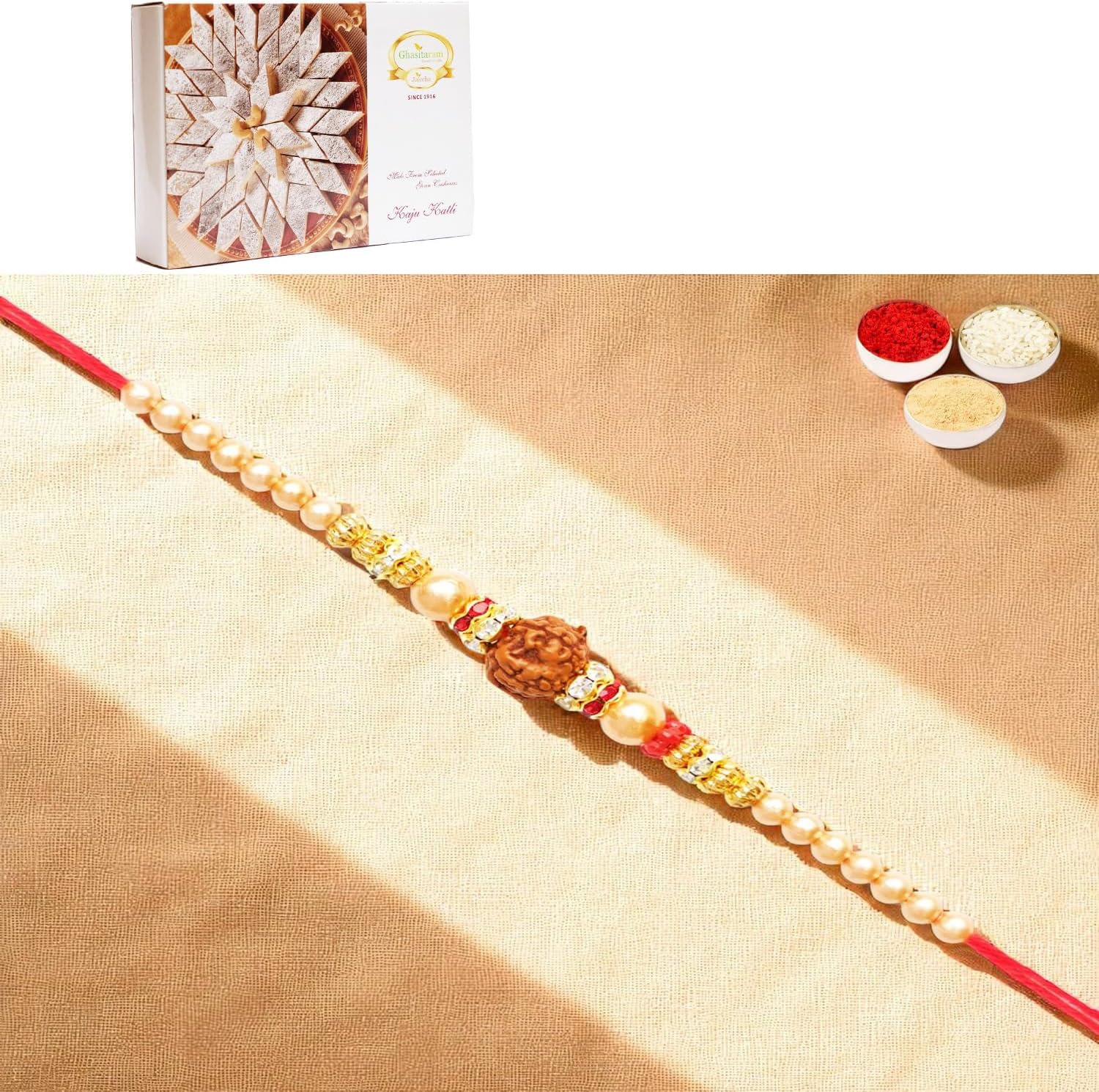 Ghasitaram Gifts Jaiccha Rakhi for Brother Rakhis Online - Y-3 Rudraksh Rakhi with 200 gms of Kaju katli