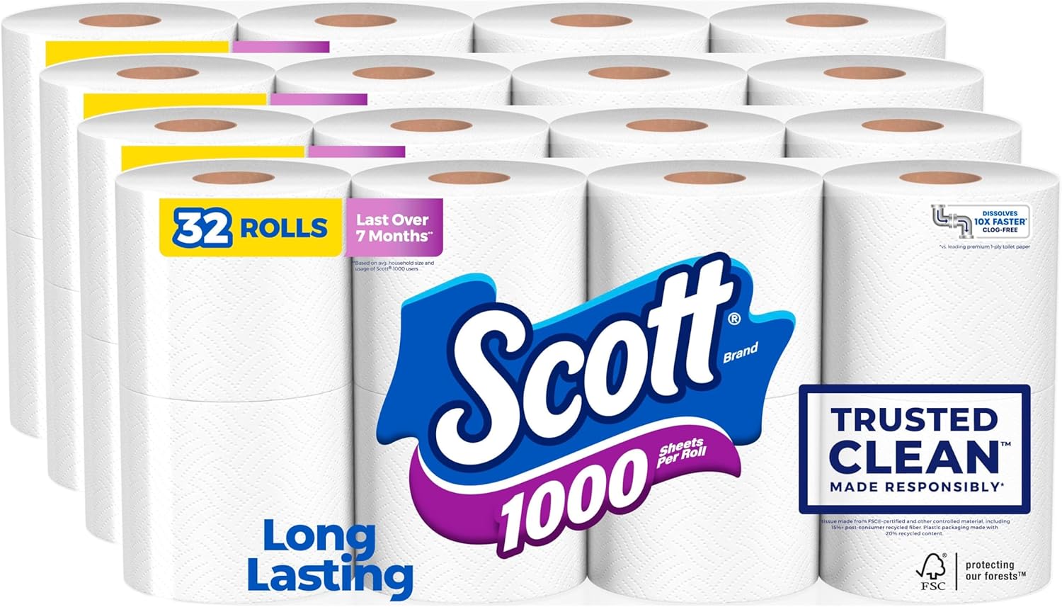 Scott 1000 Trusted Clean Toilet Paper, 32 Rolls, Septic-Safe, 1-Ply Toilet Tissue, White