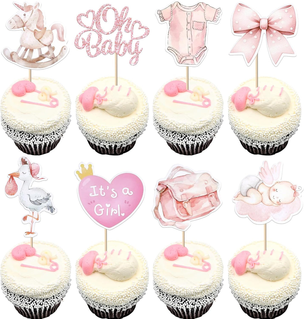 Rsstarxi 40 Pack Baby Cupcake Toppers Oh Baby Shower Decorations - Bow Trojan Horse It's a Girl Cupcake Picks for Welcome Baby Girls Birthday Party Cake Decorations