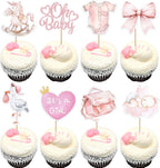 Rsstarxi 40 Pack Baby Cupcake Toppers Oh Baby Shower Decorations - Bow Trojan Horse It's a Girl Cupcake Picks for Welcome Baby Girls Birthday Party Cake Decorations
