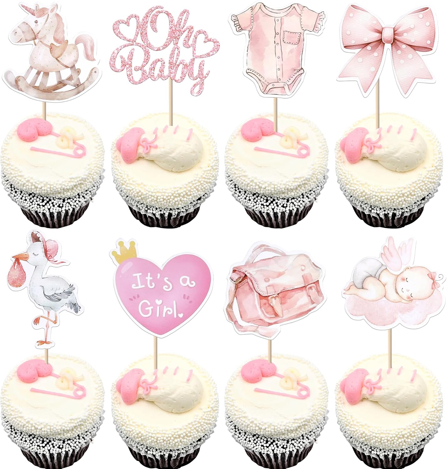 Rsstarxi 40 Pack Baby Cupcake Toppers Oh Baby Shower Decorations - Bow Trojan Horse It's a Girl Cupcake Picks for Welcome Baby Girls Birthday Party Cake Decorations