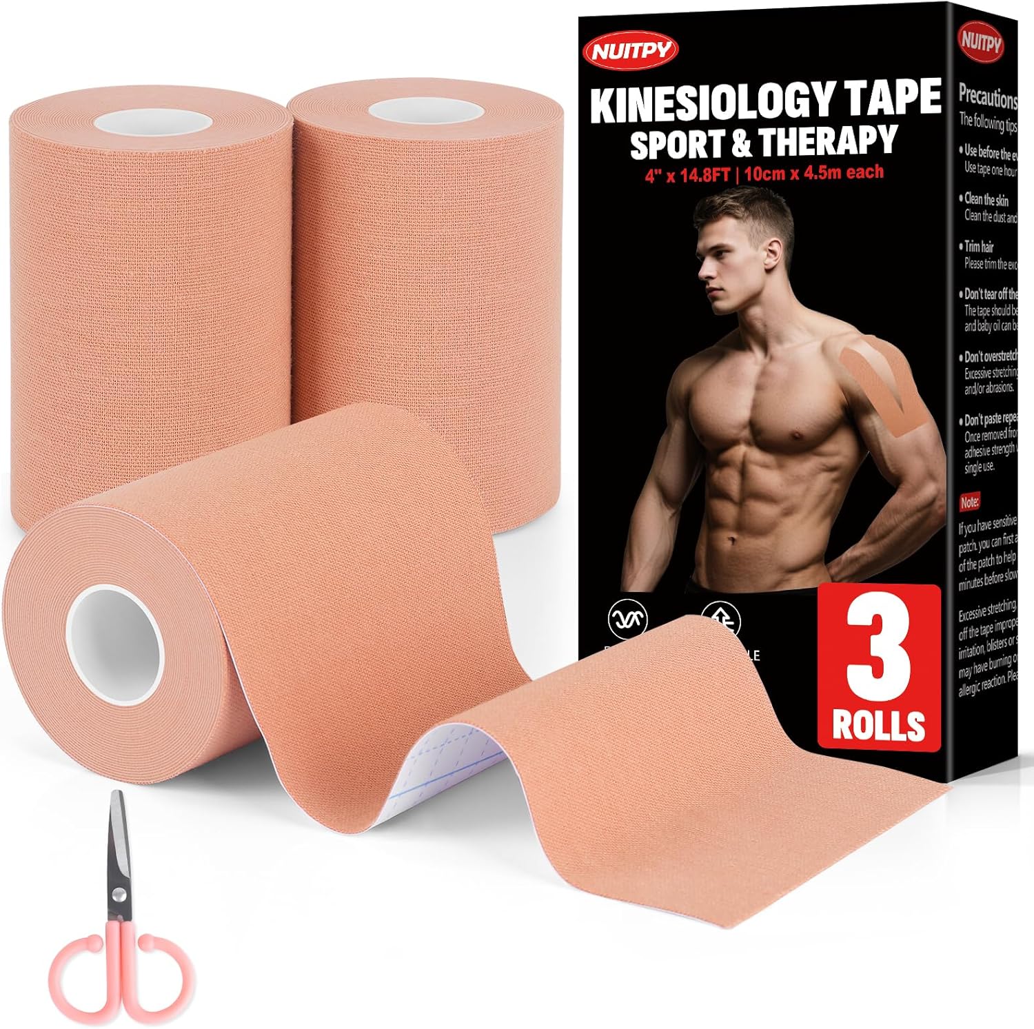 3 Rolls Kinesiology Tape, 4 inch x 14.8 Feet Waterproof Athletic Tape, Uncut Kinetic Tape, Elastic Muscle Tape, Sports Tape, Knee Tape for Exercise and Daily Use - Skin Color