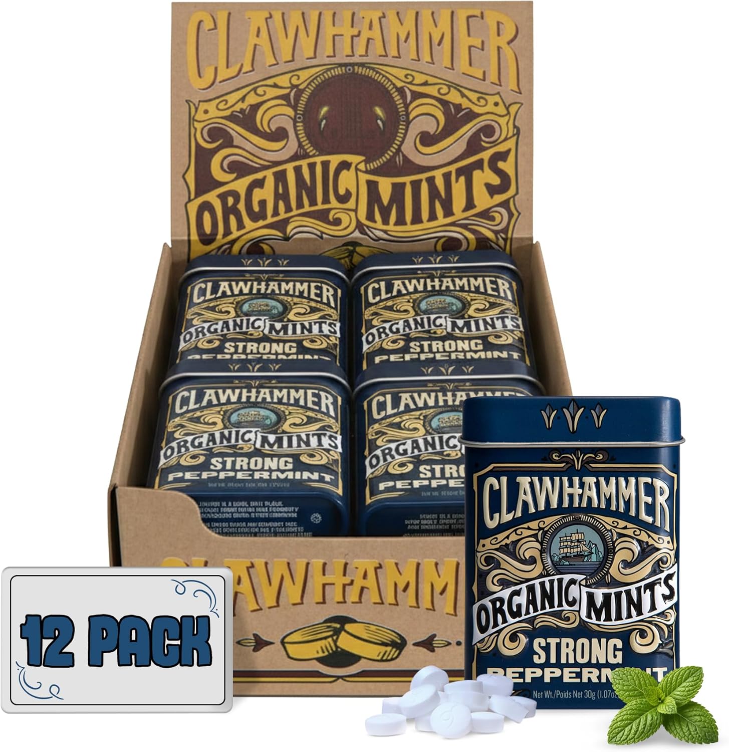 Clawhammer Organic Mints Strong Peppermint - 30 Count Tin (Pack of 12) | Bold Breath Mint, Organic Candy Mints with No Artificial Colors or Sweeteners | Kosher, Vegan, Gluten Free