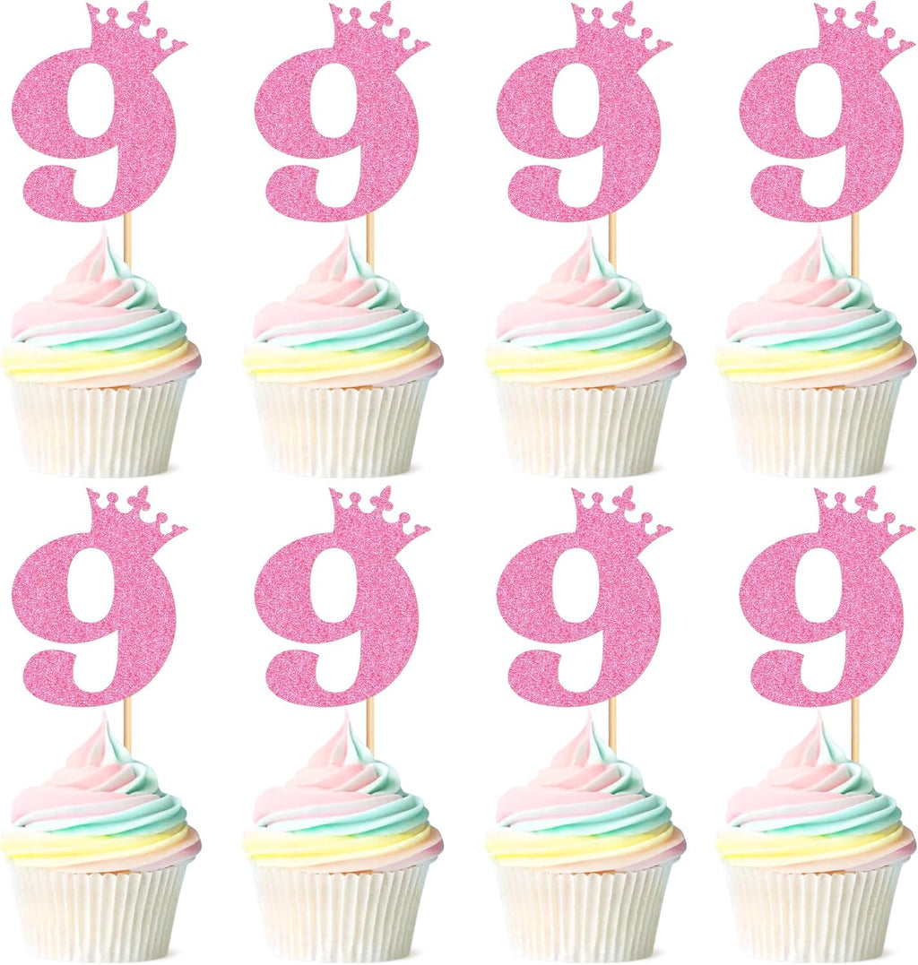 Ercadio 24Pcs Number 9 Cupcake Toppers 9th Birthday Cupcake Toppers Glitter Pink Crown Number 9 Cupcake Picks for Princess Girl 9th Birthday Baby Shower Anniversary Party Cake Supplies