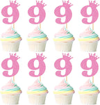 Ercadio 24Pcs Number 9 Cupcake Toppers 9th Birthday Cupcake Toppers Glitter Pink Crown Number 9 Cupcake Picks for Princess Girl 9th Birthday Baby Shower Anniversary Party Cake Supplies