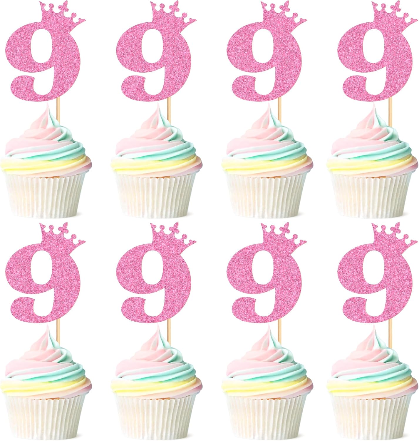 Ercadio 24Pcs Number 9 Cupcake Toppers 9th Birthday Cupcake Toppers Glitter Pink Crown Number 9 Cupcake Picks for Princess Girl 9th Birthday Baby Shower Anniversary Party Cake Supplies