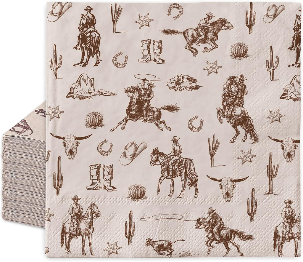 JarThenaAMCS Western Cowboy Paper Napkin Brown Wild West Rodeo Disposable Luncheon Napkins Dessert Dinner Hand Napkin For Birthday Baby Shower, 50Pcs