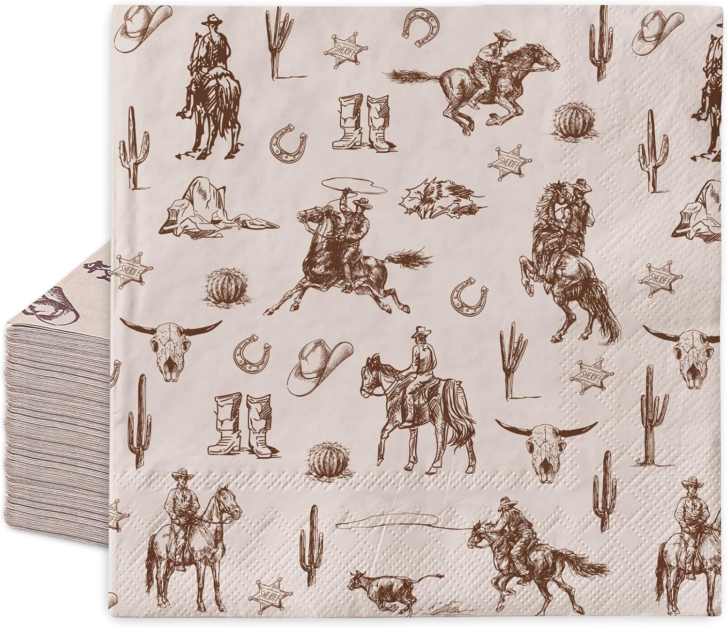 JarThenaAMCS Western Cowboy Paper Napkin Brown Wild West Rodeo Disposable Luncheon Napkins Dessert Dinner Hand Napkin For Birthday Baby Shower, 50Pcs
