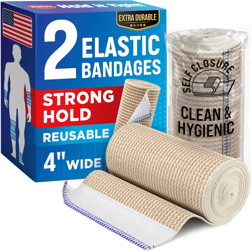 High-Performance Elastic Bandage Wrap - 4” (2pk) - Self-Closing Strong Compression Reusable Bandage Wrap for Leg, Ankles, Wrists, and Knees - for First Aid Kit and After Surgery Recovery - Latex Free