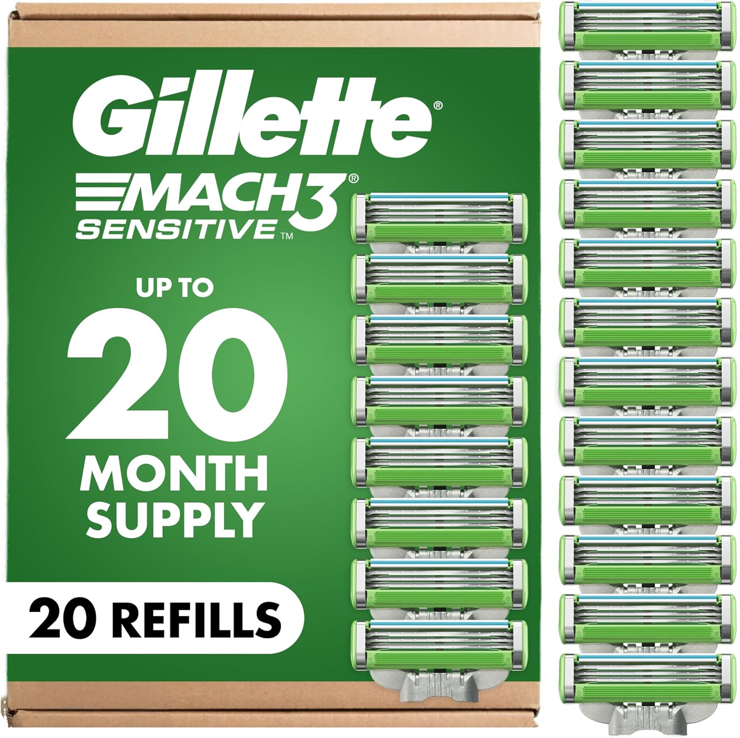 Gillette Mach3 Sensitive Mens Shaving Razor Blade Refills, 20 Count