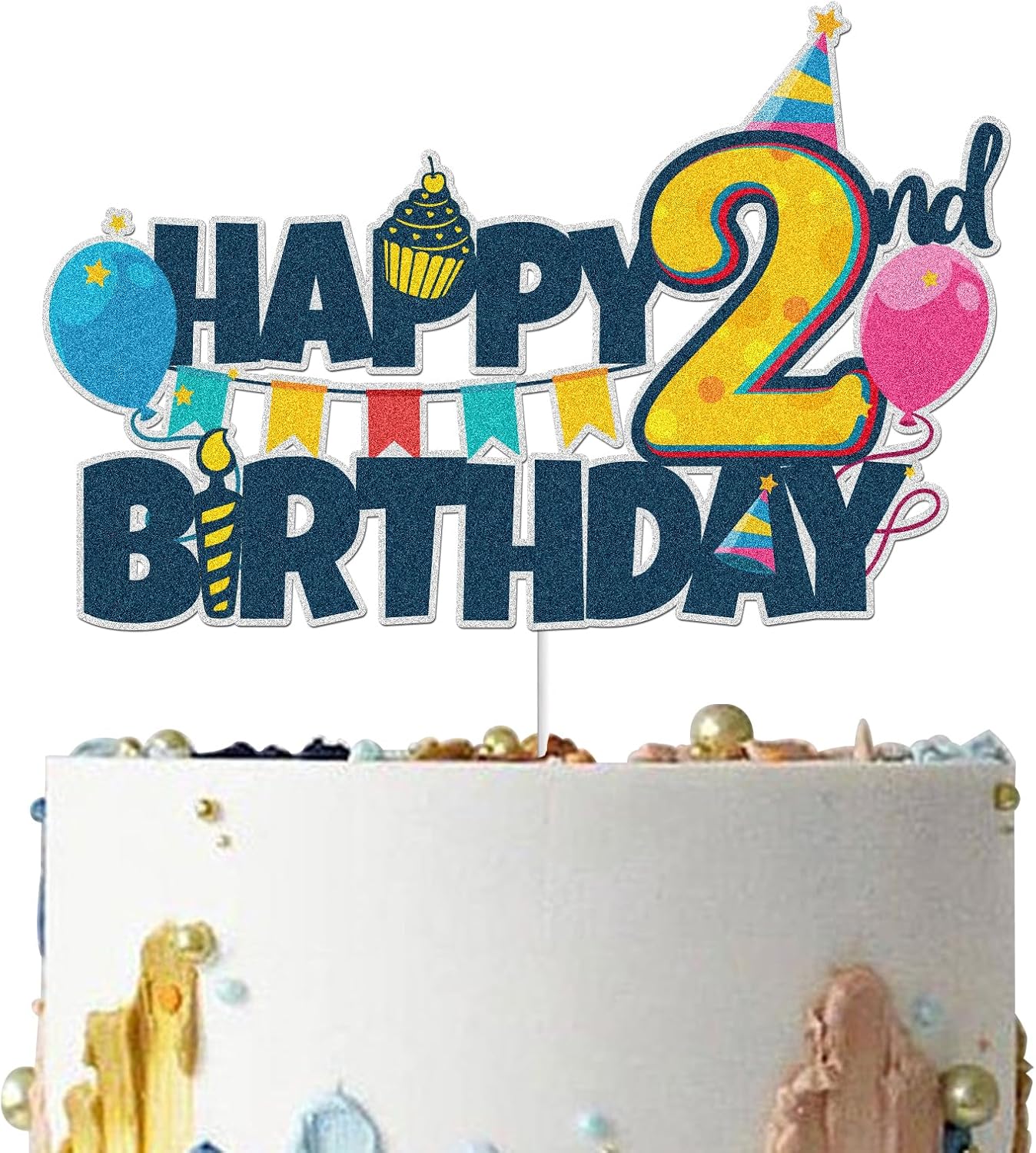 2nd Birthday Colorful Glitter Cake Topper - Happy Second Birthday Party Decorations - Large Indoor/Outdoor Supplies