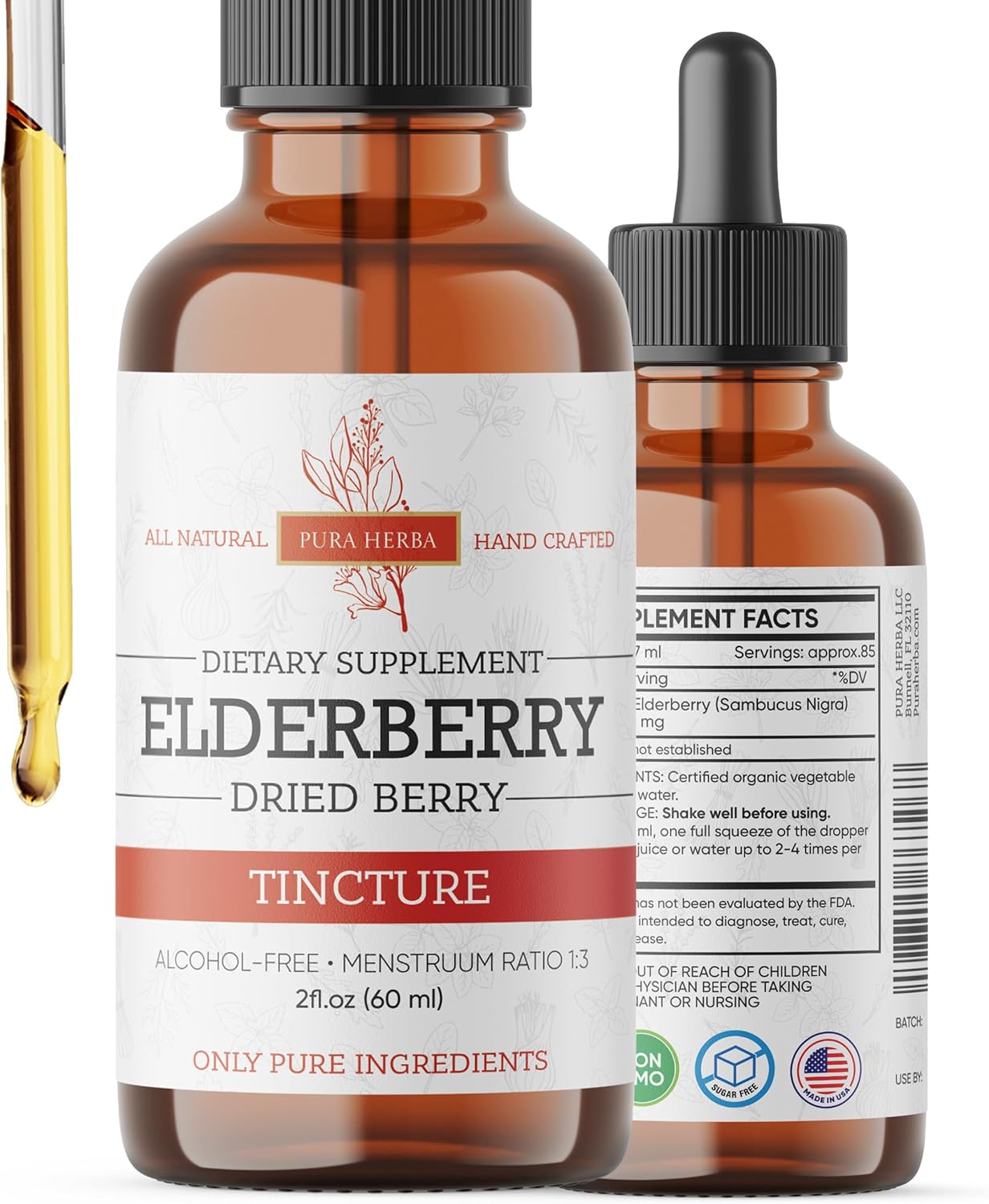 Pura Herba Elderberry Tincture – Organic Elderberry Extract Liquid Drops – Sambucus Herbal Supplement – Immune Support – Elderflower & Elderberry Blend – Alcohol-Free, 2 fl oz