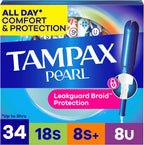 Tampax Pearl Tampons Trio Pack, Super/Super Plus/Ultra Absorbency with BPA-Free Plastic Applicator and LeakGuard Braid, Unscented, 34 Count