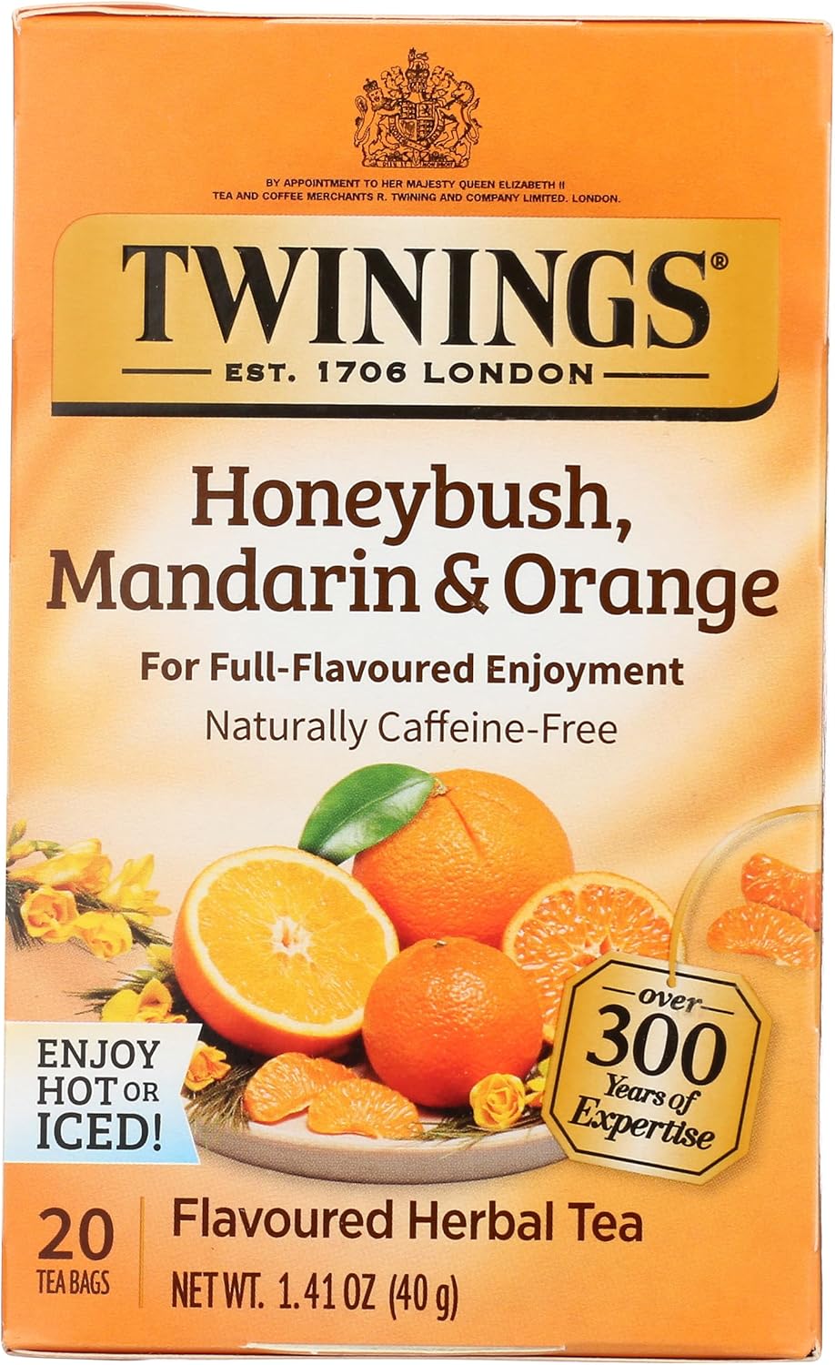 Twinings Honeybush, Mandarin, & Orange Herbal Tea Individually Wrapped Bags, 20 Count (Pack of 1), Naturally Caffeine-Free, Enjoy Hot or Iced, 20 Teabags