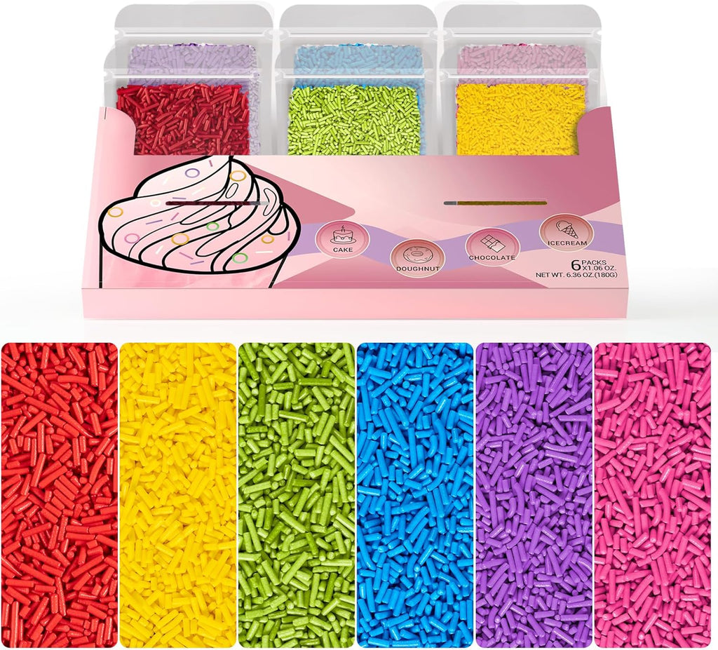 HUEBEATY® 6-in-1 Rainbow Jimmies Sprinkles Bulk – 180g Neon Edible Sprinkles for Cake Decorating, Cupcakes, Cookies, Ice Cream & Birthday Desserts – Edible Candy Toppers & Rainbow Cake Decorations