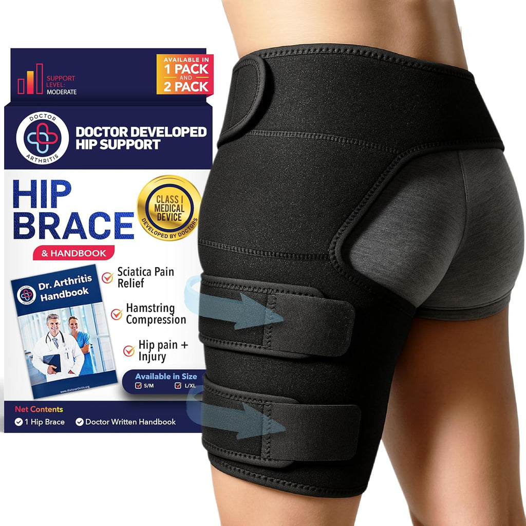 Dr. Arthritis Doctor Developed Strengthening Stabilizing Hip Brace for Men Women,Compression Wrap for Hip Pain,Hips Support Brace,Thigh Supports With Handbook, hamstring brace(LXL, Black)