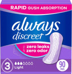Always Discreet Adult Incontinence Pads for Women, Drier, 3 Drop Regular Length, Light Absorbency, Pads for Bladder Control Management, Bladder Leaks, & Postpartum Pads, 90ct