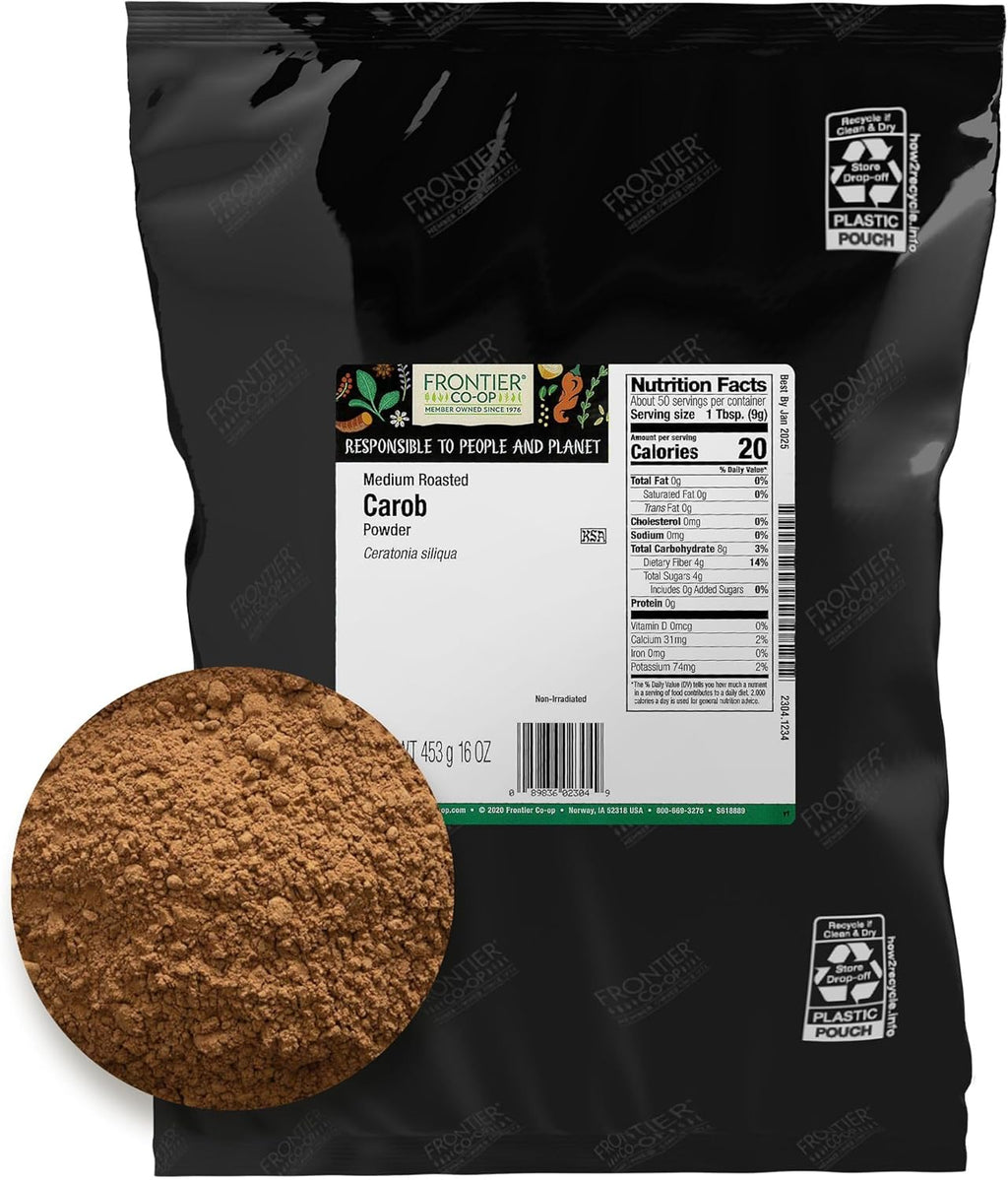 Frontier Co-op Ground Carob Powder, 1lb Bulk Bag - Medium-Roasted Natural Cocoa Substitute Powder with Rich Chocolate Flavor - Caffeine-Free, Kosher