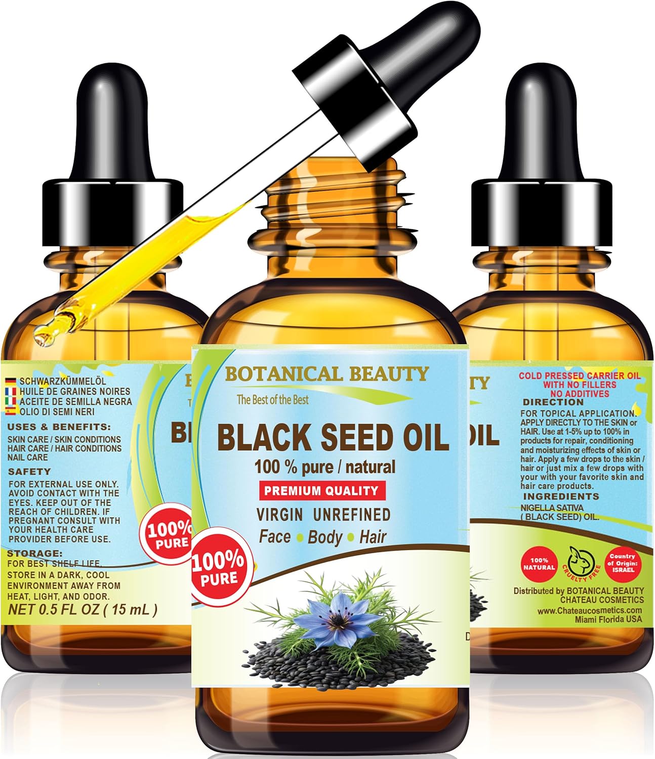Botanical Beauty BLACK SEED OIL 100% Pure Natural Undiluted Virgin Unrefined Cold Pressed Carrier Oil. 0.5 Fl.oz.- 15 ml. for Face, Skin, Body, Hair, Nails. Rich in Vitamin C, Vitamin E