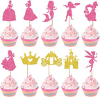 Rsstarxi 40 Pack Princess Cupcake Toppers Pink Glitter Fairy Mermaid Girl Castle Carriage Crown Cupcake Picks for Princess Theme Baby Shower Girls Birthday Party Cake Decorations Supplies