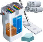 Mop and Bucket Set, Flat Mop and Bucket System, Mop Bucket with Wringer, Wall Mop with Adjustable Handle (Max 61 Inches), 5 Washable Microfiber Mop Pads