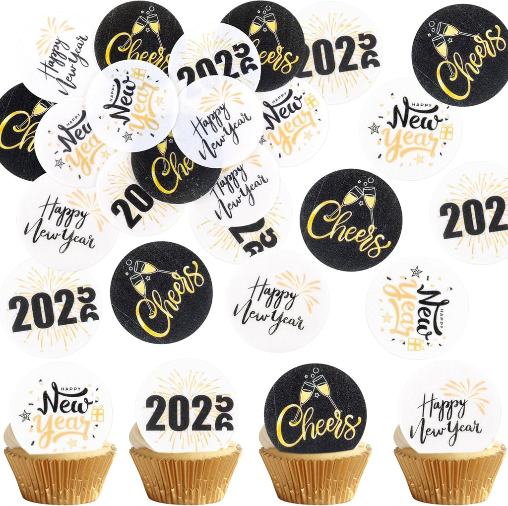 Ercadio 48 PCS Edible Happy New Year Cupcake Toppers Hello 2026 Cupcake Toppers Cheers to 2026 Gold Black Glitter Cupcake Topper Firework Cake Picks for New Year Eve Party Decor Supplies