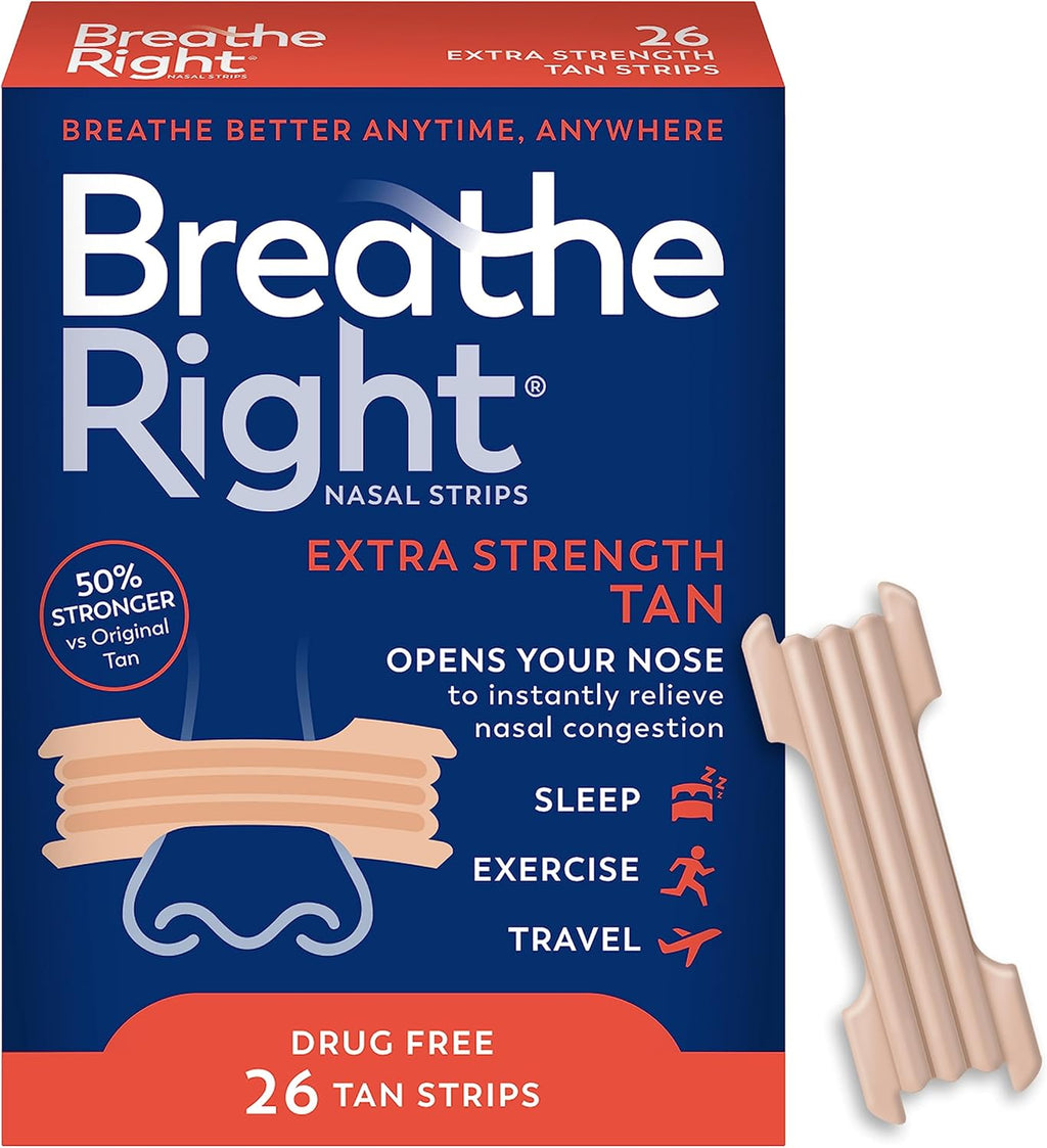 Breathe Right Nasal Strips, Extra Strength Tan Nose Strips, Drug-Free Nasal Congestion Relief for Better Breathing, Help Relieve Snoring, Caused by Colds & Allergies, Deviated Septum, 26ct