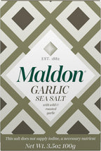 Maldon Garlic Sea Salt Flakes. Hand harvested flakes expertly blended with wild and roasted garlic for a wonderfully fragrant taste.