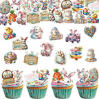 60PCS Edible Happy Easter Cupcake Toppers Wafer Paper Bunny Easter Eggs Cupcake Picks Edible Welcome Spring Cupcake Decors for Easter Theme Baby Shower Birthday Easter Party Supplies
