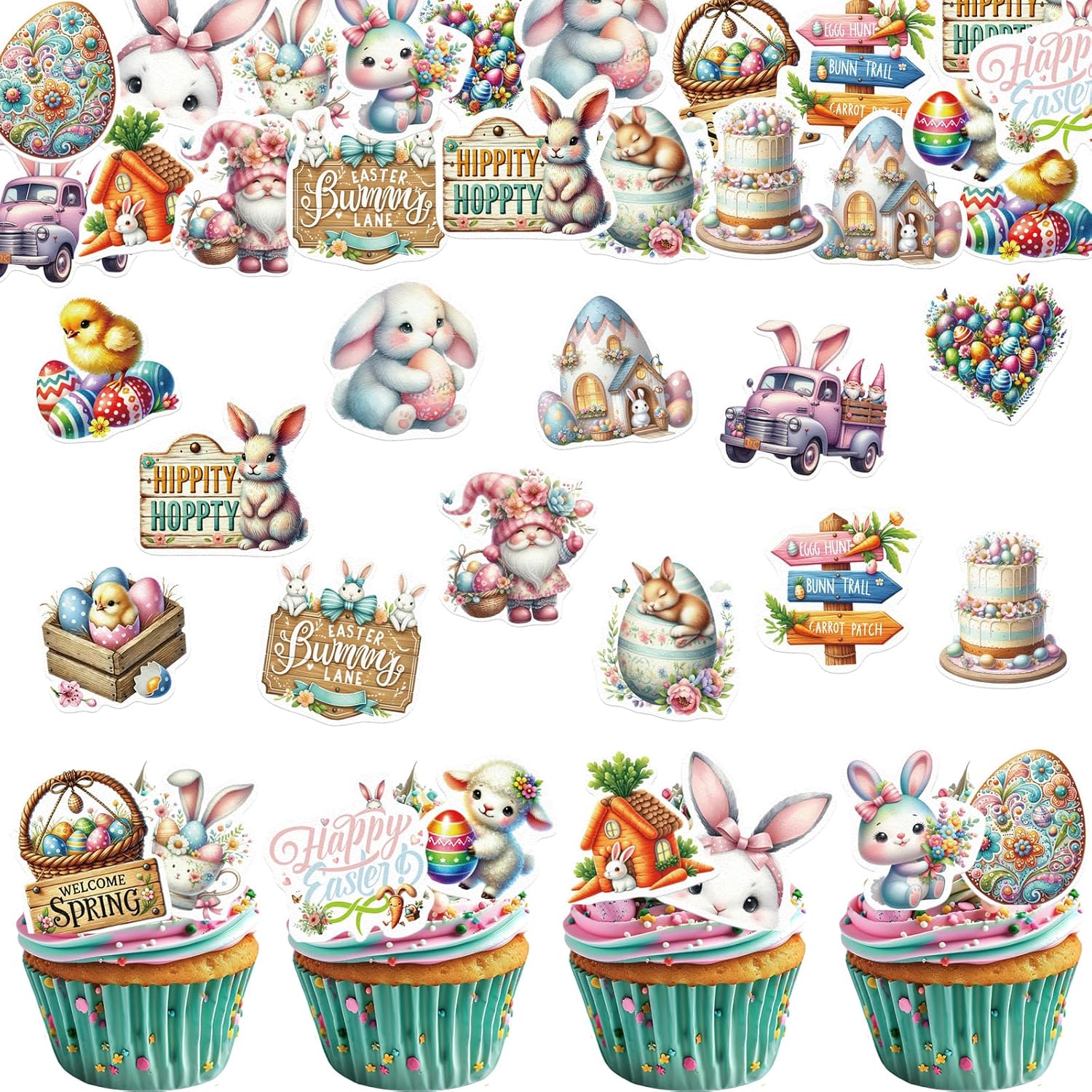 60PCS Edible Happy Easter Cupcake Toppers Wafer Paper Bunny Easter Eggs Cupcake Picks Edible Welcome Spring Cupcake Decors for Easter Theme Baby Shower Birthday Easter Party Supplies