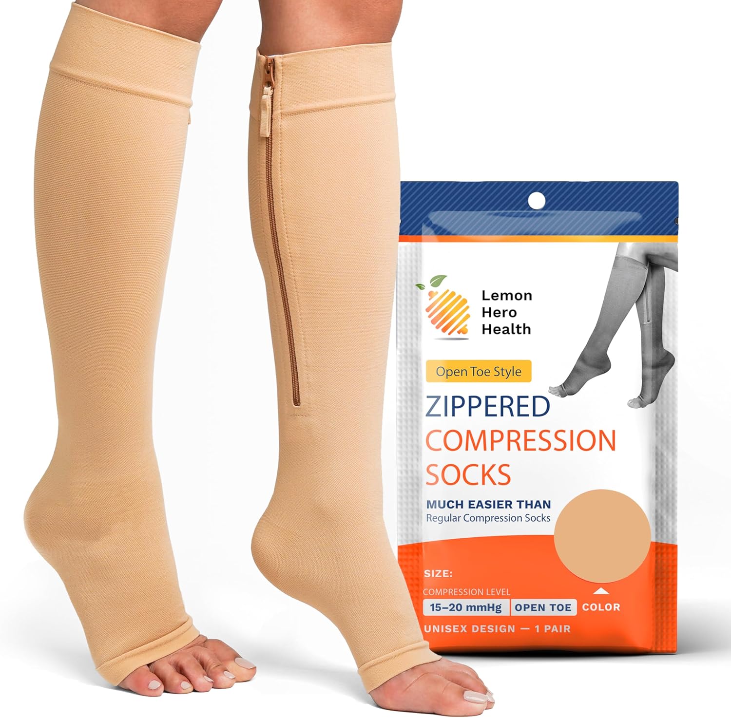 Lemon Hero Short Zipper Compression Socks for Women and Men Open Toe 15-20 mmhg Medical Zippered