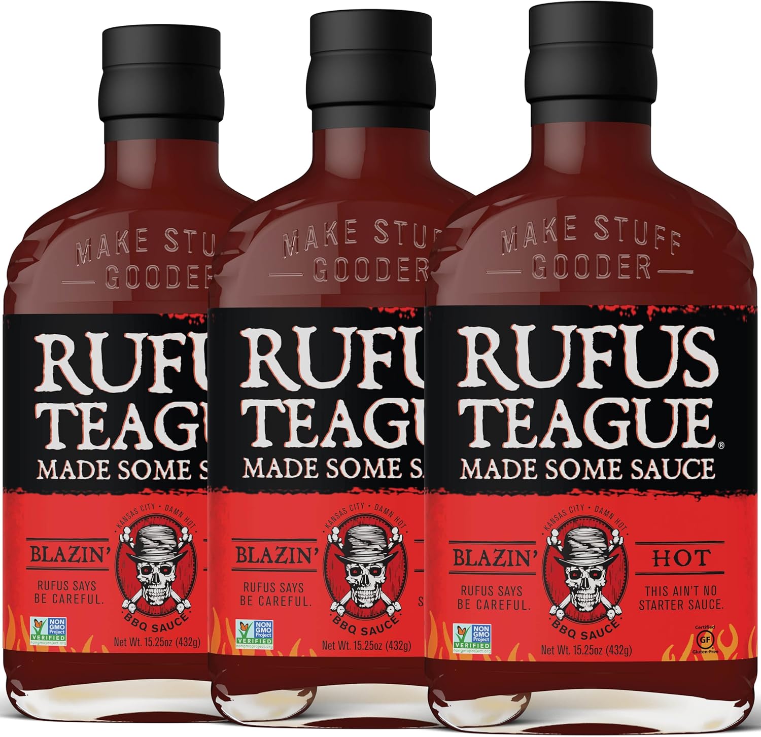 Rufus Teague Blazin' Hot BBQ Sauce, 3 Pack Size, Premium Barbecue Sauces with Natural Ingredients, Award-Winning Bold Flavor, Gluten-Free, Non-GMO, 15.25 oz