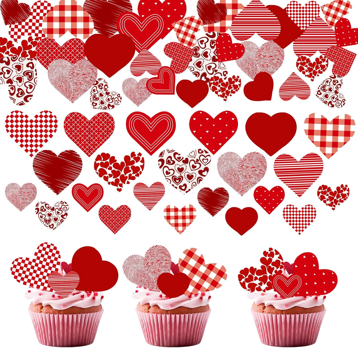 88PCS Edible Valentines Day Heart Cupcake Toppers Red Sweet Love Heart Cupcake Picks Happy Valentine's Day Heart Cake Decor for Valentine's Day Theme Party Decoration Supplies