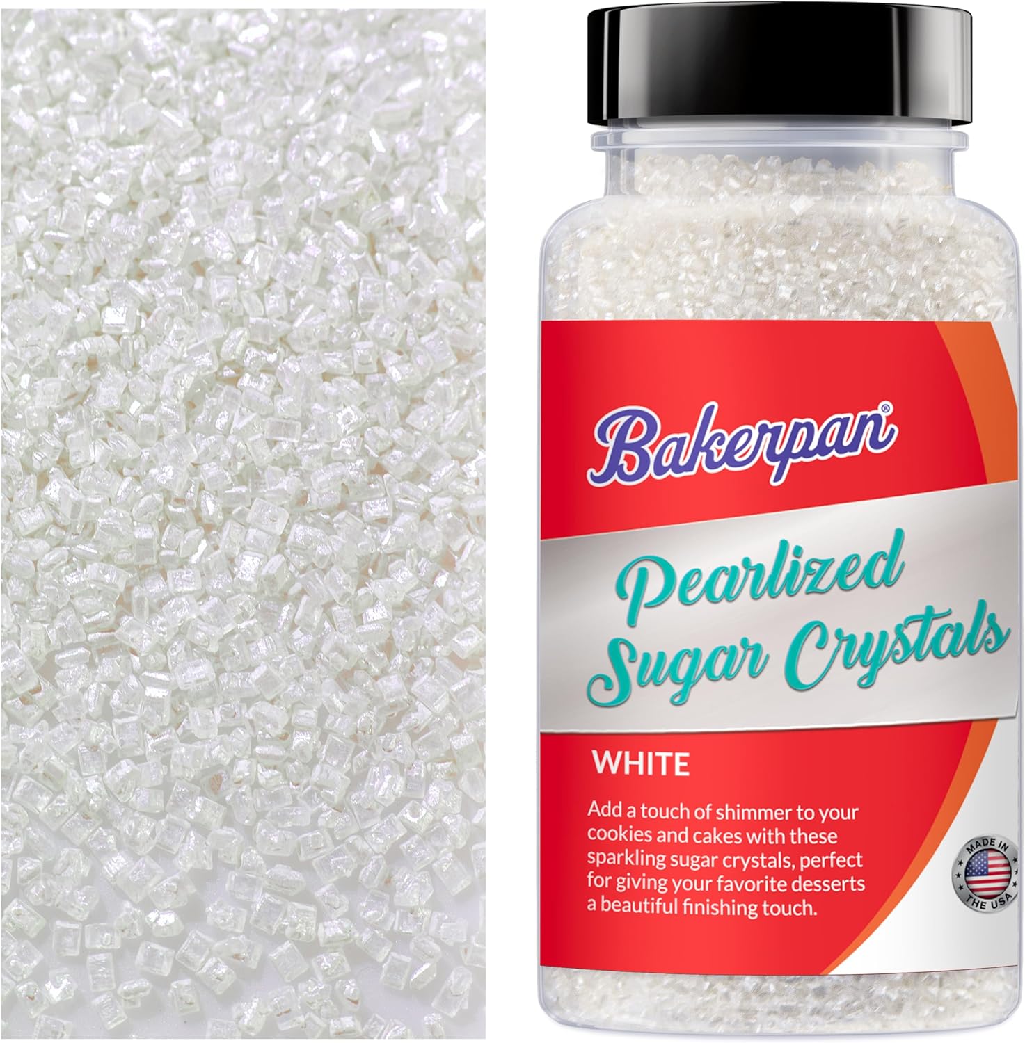 Bakerpan Pearlized Sugar Sprinkles for Baking - 5 Ounce - Sparkling White Decorating Sugar Crystals for Cookies, Cake Pops, Ice Cream (Made in USA)