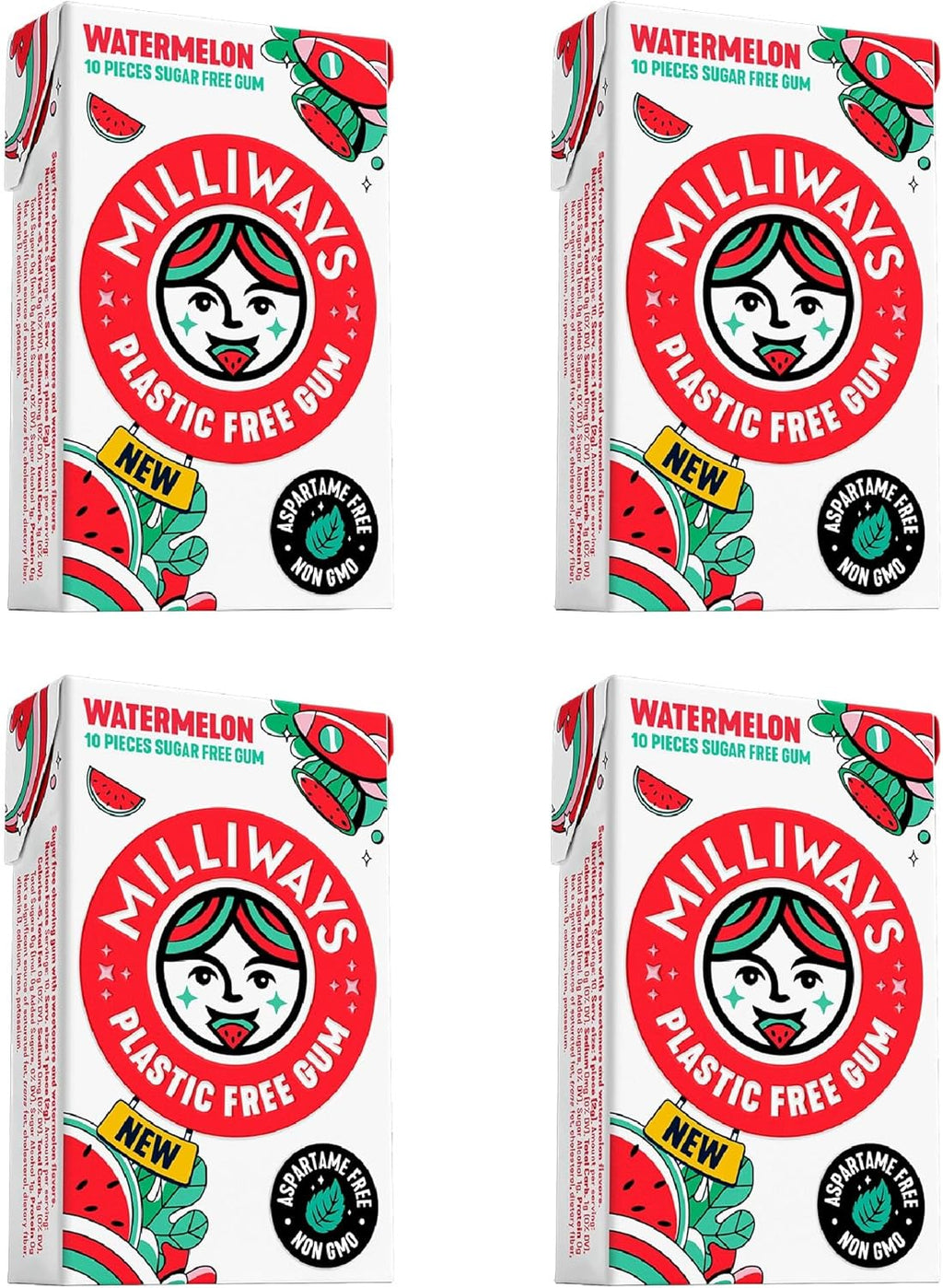 Milliways Watermelon | Plastic Free Gum | Xylitol, Aspartame-Free, Sugar-Free, Plant-Based, Natural Chewing Gum | 40 Pieces Total (4 Packs of 10 Pieces)