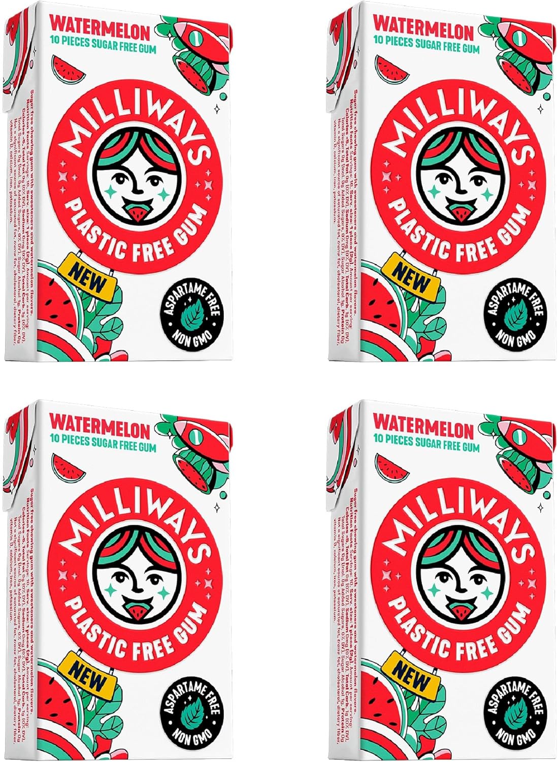 Milliways Watermelon | Plastic Free Gum | Xylitol, Aspartame-Free, Sugar-Free, Plant-Based, Natural Chewing Gum | 40 Pieces Total (4 Packs of 10 Pieces)