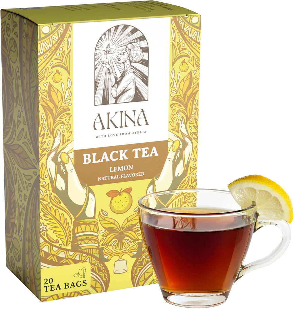 AKINA - Lemon Flavored Black Tea Bags, Individually Wrapped, Fruity Envelope Kenyan Lemon Tea Bags, Tangy and Zesty with Invigorating Aroma (Box of 20) (40g)