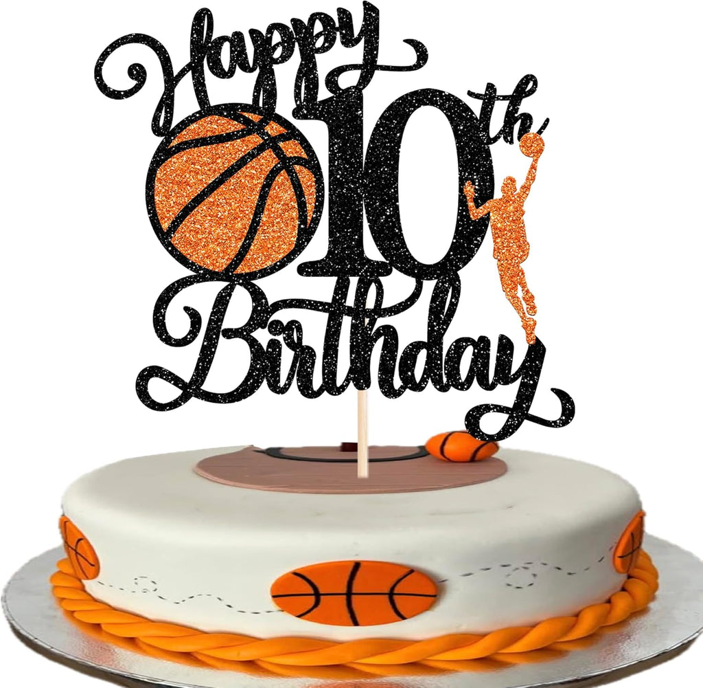 Rsstarxi 1 Pack Happy 10th Birthday Cake Topper Black Glitter Basketball Sports Cake Pick Cheers to 10 Years Cake Decorations for Basketball Theme Birthday Party Supplies