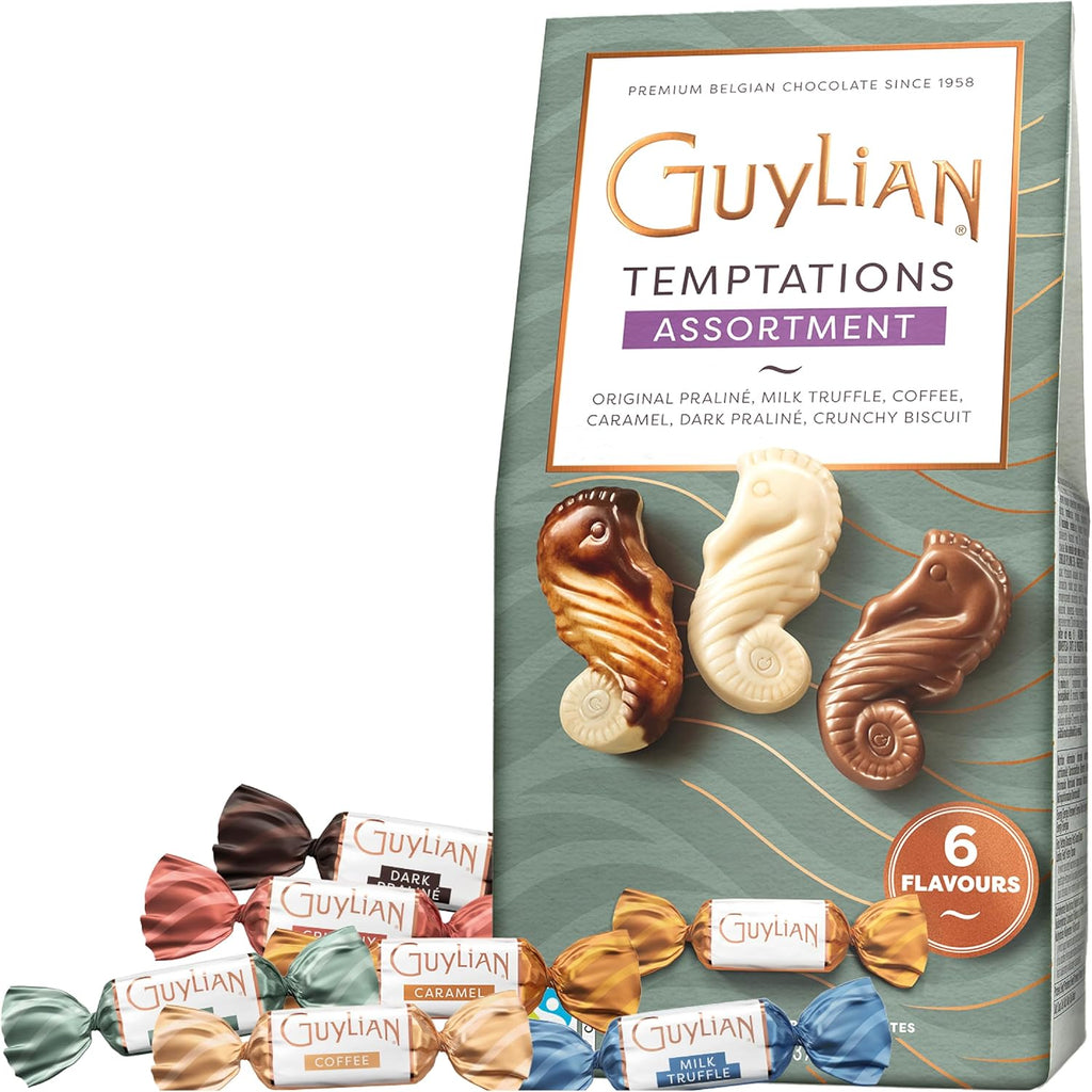Belgian Chocolate Gift Box by GuyLian, 4.37 oz, 13 pc Assorted Temptations Seahorses, 6 Gourmet Flavors, Hazelnut Praliné & Milk Truffle