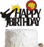Karate Happy Birthday Cake Topper Black Glitter Kung Fu Black Belt Taekwondo Themed Party Supplies for Boys Girls Men Women