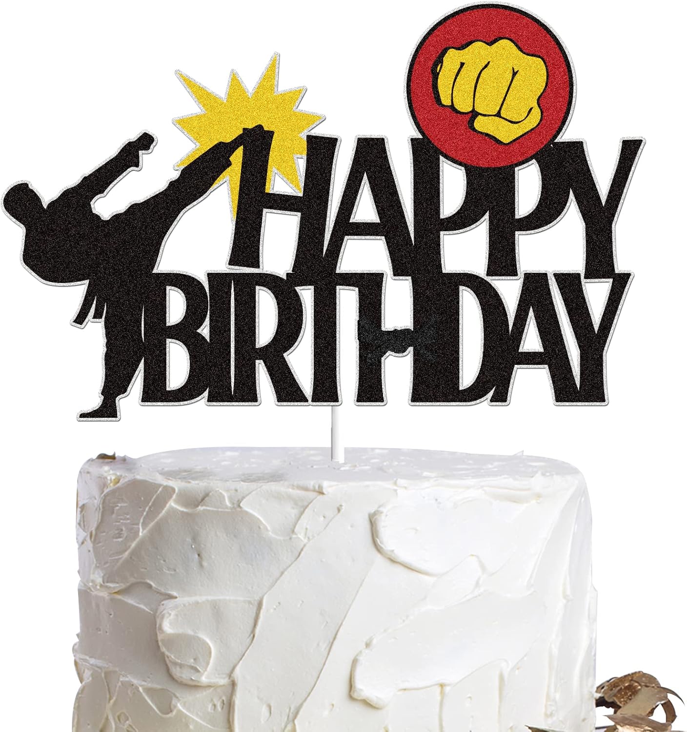 Karate Happy Birthday Cake Topper Black Glitter Kung Fu Black Belt Taekwondo Themed Party Supplies for Boys Girls Men Women