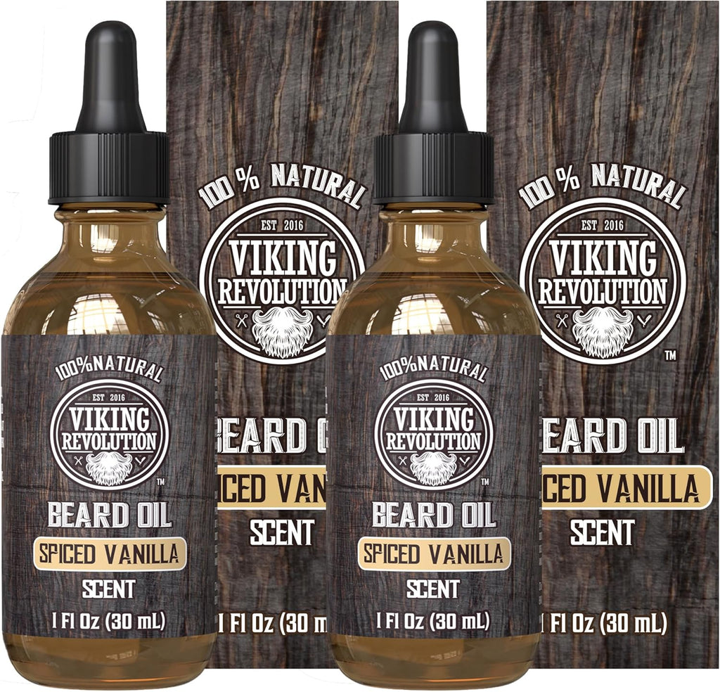 Viking Revolution Beard Oil for Men - All Natural Beard Oil Spiced Vanilla Scent with Argan Oil & Jojoba Oil Beard Conditioner and Softener - Strengthens Beards and Mustaches for Men (2 Pack)