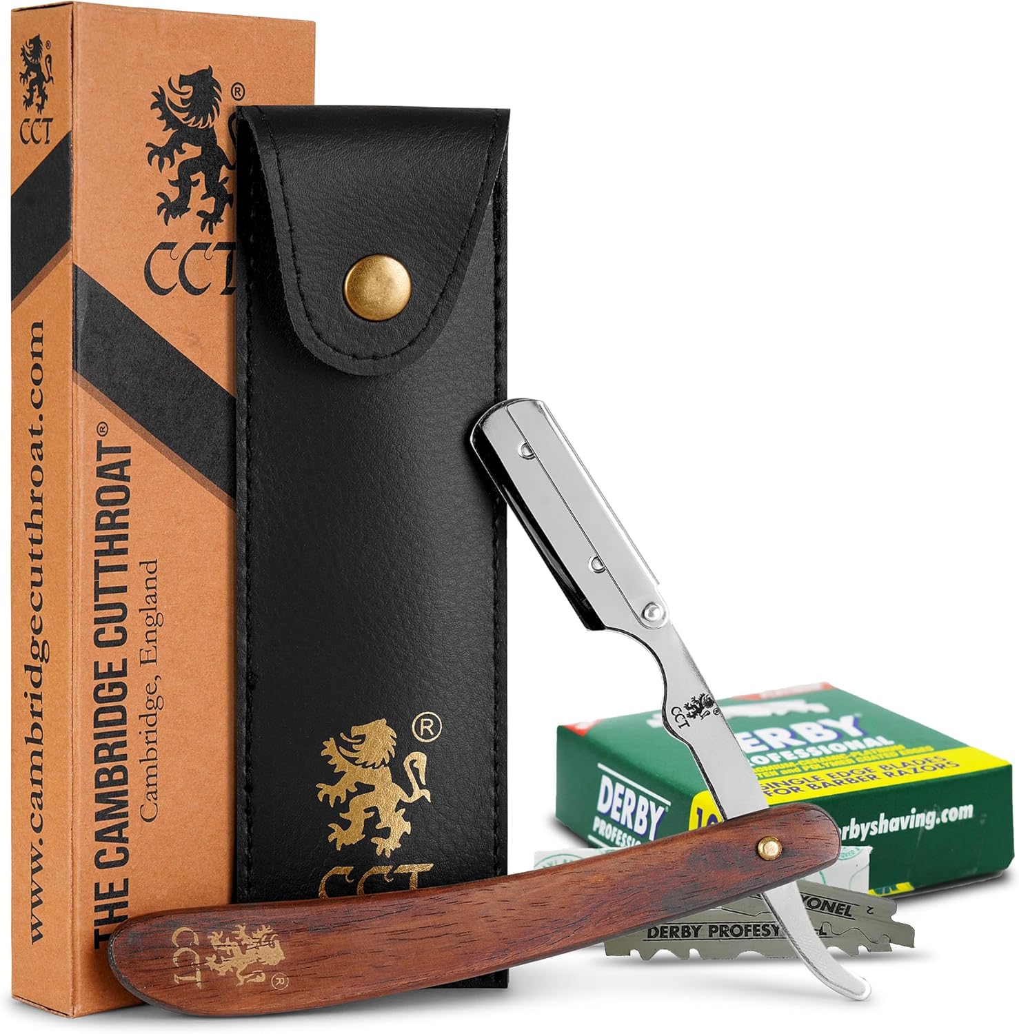 The Cambridge Cutthroat® Cut Throat Razor Kit with Blades & Travel Pouch - Missanda Hardwood & Stainless Steel Professional Barber Shaver Men - Straight Edge Moustache & Beard Shaper