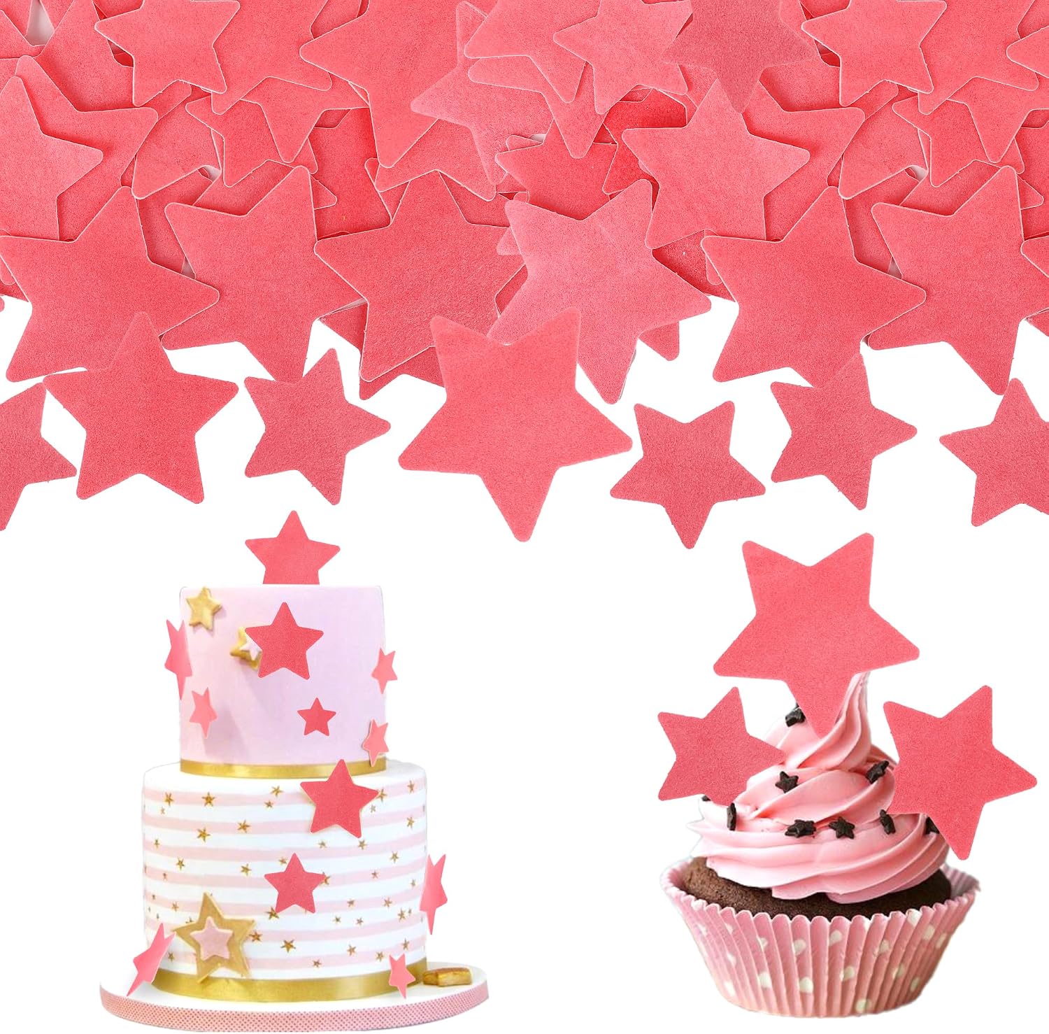 60 PCS Edible Star Cupcake Toppers Edible Stars Cake Decorations Wafer Paper Twinkle Star Cake Toppers Baby Shower Cupcake Picks for Wedding Engagement Bridal Shower Birthday Party Supplies Pink