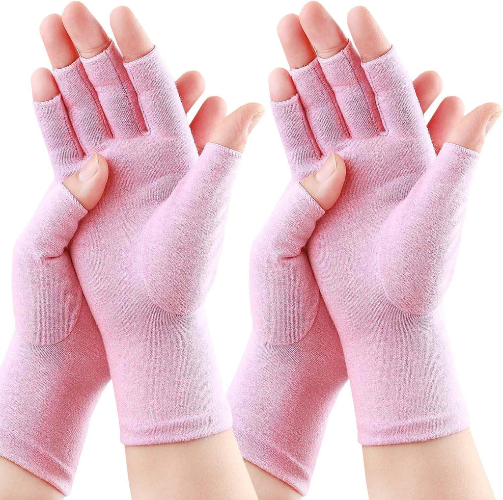 2 Pairs Arthritis Gloves for Women for Pain, Compression Gloves for Carpal Tunnel Relief, Rheumatoid Osteoarthritis, Fingerless Gloves for Women and Men, Typing (Pink, Medium)