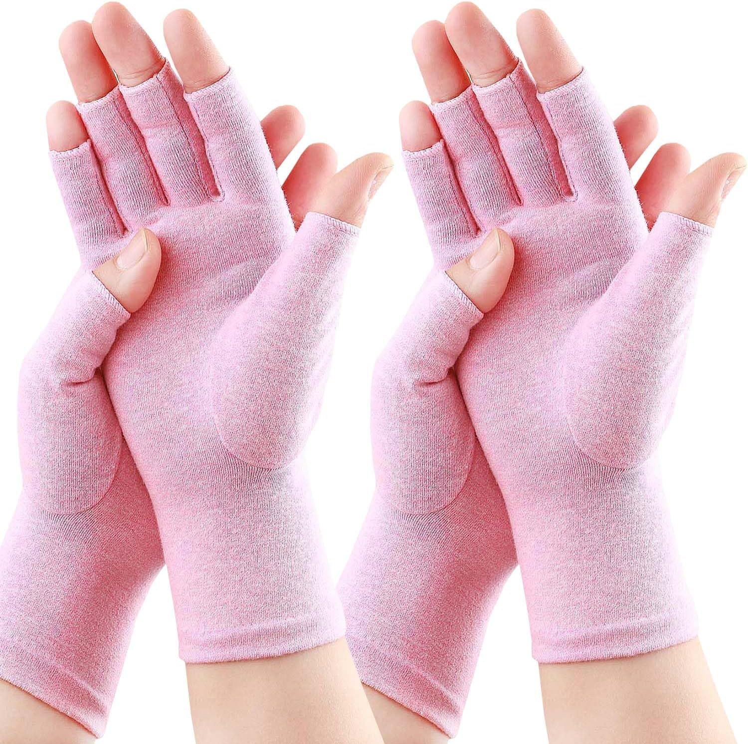 2 Pairs Arthritis Gloves for Women for Pain, Compression Gloves for Carpal Tunnel Relief, Rheumatoid Osteoarthritis, Fingerless Gloves for Women and Men, Typing (Pink, Medium)