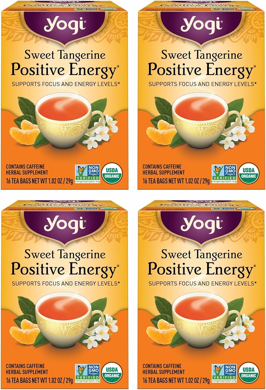 Yogi Sweet Tangerine Positive Energy Tea - 16 Tea Bags per Pack (4 Packs) - Organic Tangerine Energy Tea - Includes Black Tea Leaf, Yerba Mate Leaf, Ashwagandha Root & More