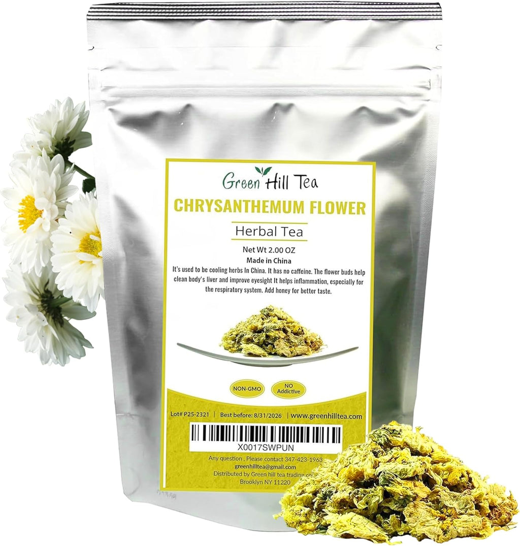 Green Hill Tea Chrysanthemum Flower – Premium Dried Chrysanthemum for Tea - Chinese Herbal Tea - Caffeine-Free, Gluten-Free, Vegan - Rich in Antioxidants 2 oz bag