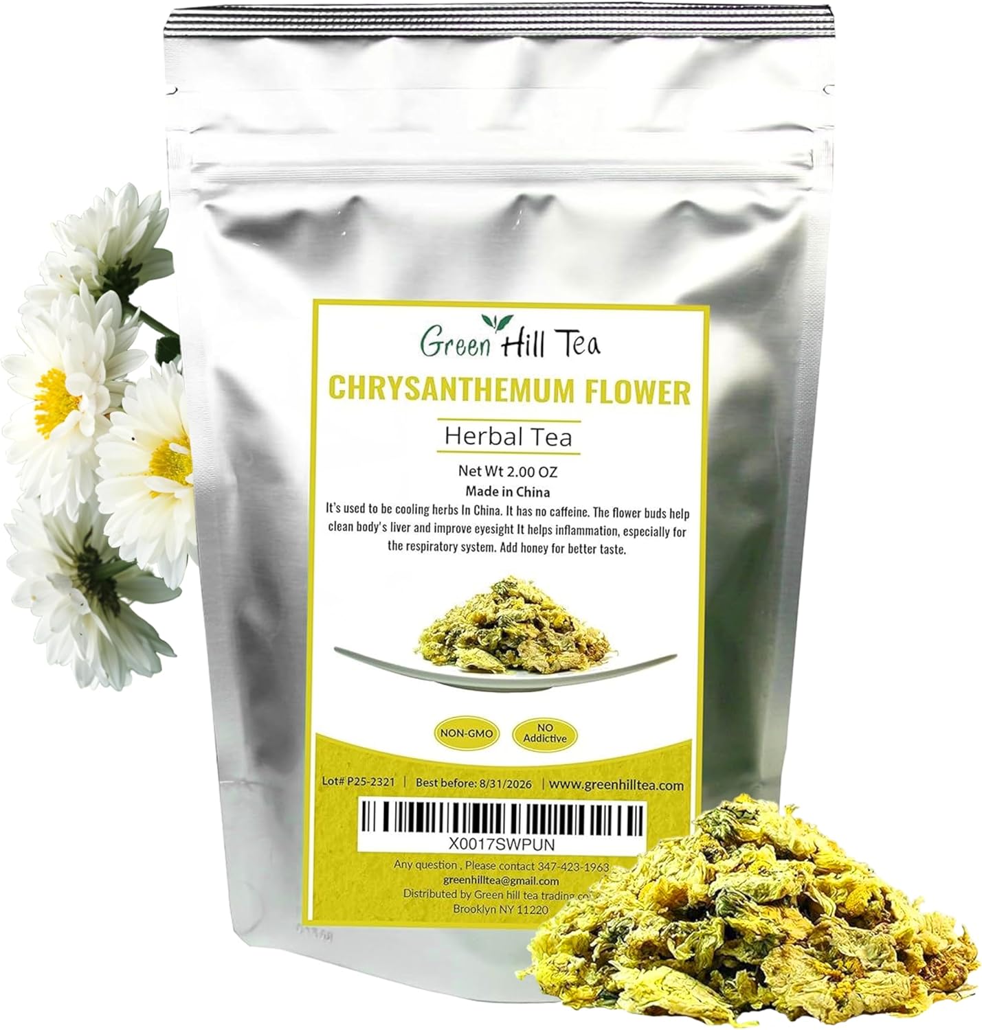 Green Hill Tea Chrysanthemum Flower – Premium Dried Chrysanthemum for Tea - Chinese Herbal Tea - Caffeine-Free, Gluten-Free, Vegan - Rich in Antioxidants 2 oz bag